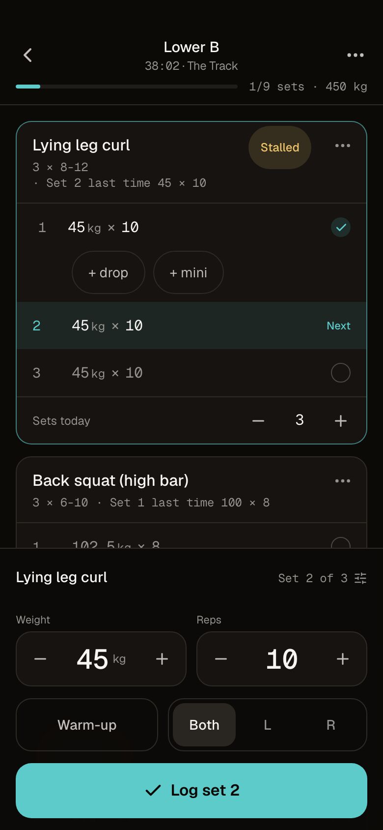 The ITBG Fit set logger mid-session: lying leg curl, set 2 of 3, weight and reps prefilled on plus and minus steppers, and a Log set button.