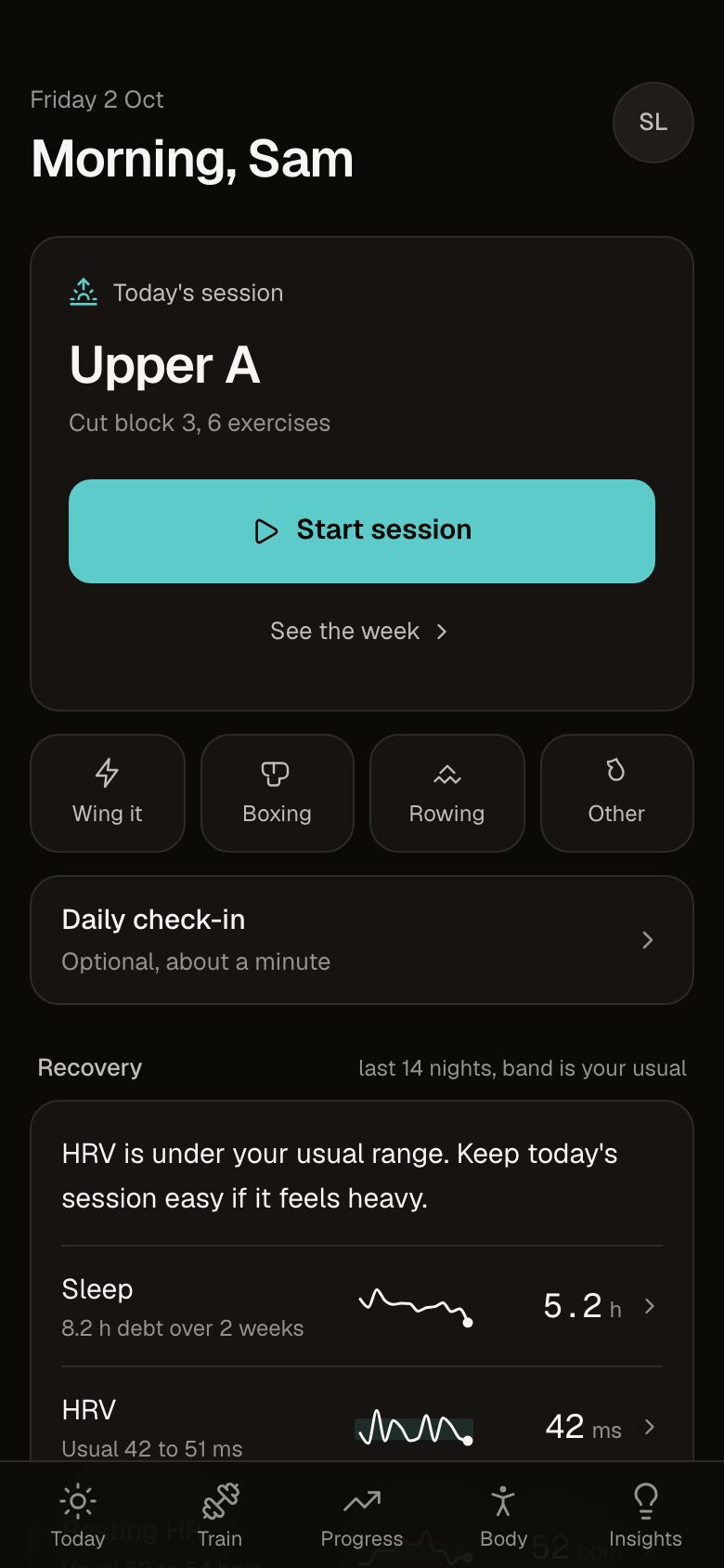 The Today screen: a morning weigh-in prompt, today's session with a Start button, and quick actions for other training.